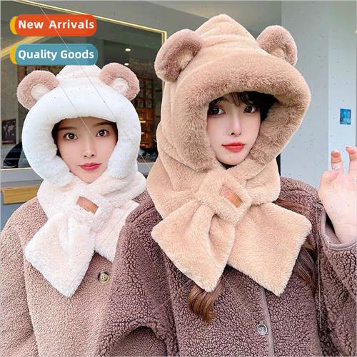 Plush bear hat scarf all-in-one thickened scarf cute winter