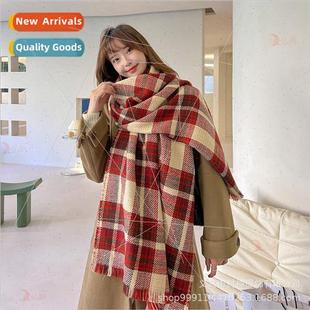 Christmas red winter sided fall plaid female Double scarf