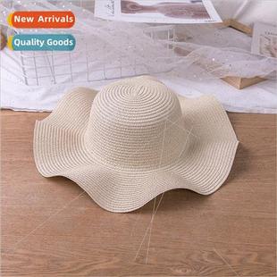 brim color summer hat straw large edge wave solid Hundreds