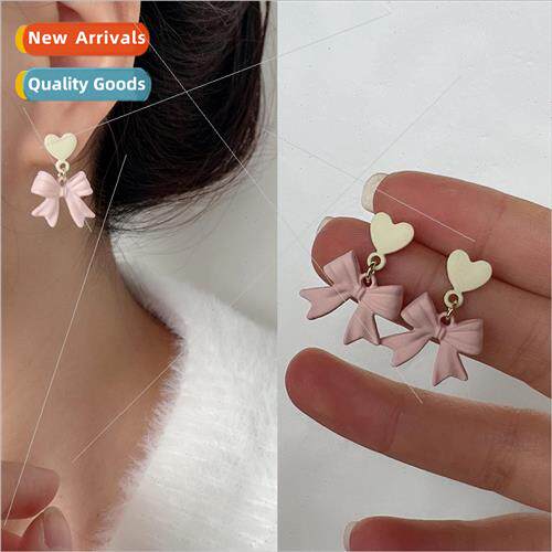 Retro love heart girl earrings female fall winter red bow ea