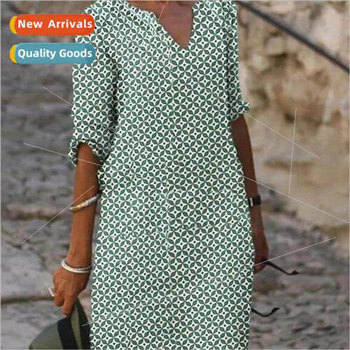 Women V-Neck Mid-Length Sleeve Dress Multi Color Printed Ski