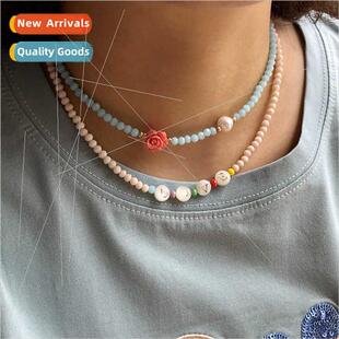 Alphabet round beads pearl collar rose crystal necklace ladi