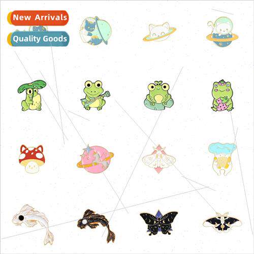 Cartoon cute animal planet metal brooch cat frog koi mushroo
