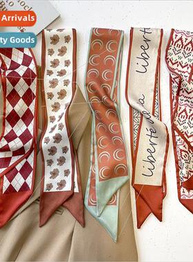 Spring Autumn light red tie hair bplaid small silk scarf nec