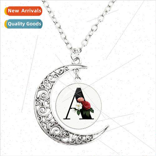 26 Alphabet Flower Pendant Moon Necklace Round Glass A-Z Alp