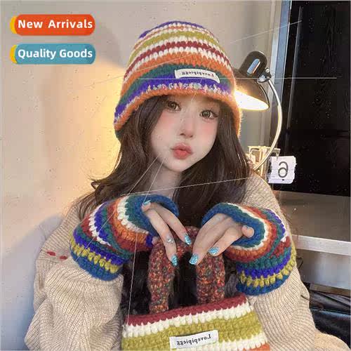 Autumn and Winter Knitting Rainbow Woolen Hat Women Outdoor