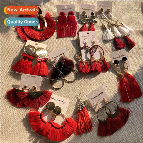 Mixed  atmospheric festive red earrings long tassel multi-el