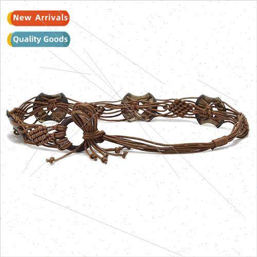 New retro floral handmade waxed rope wooden buckle braided l