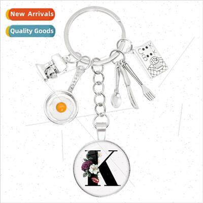 Charming Omelette Cookware Keychain A-Z Round Glass Dome Pen