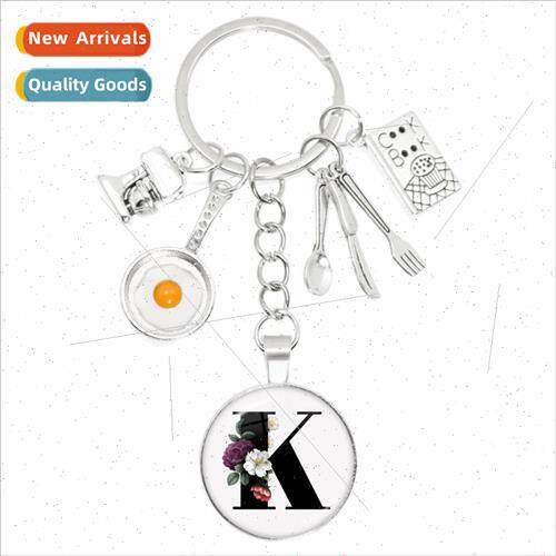 Charming Omelette Cookware Keychain A-Z Round Glass Dome Pen