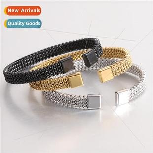 woven flat bracelet stainless men open steel shaped Europe