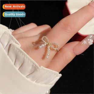 ring female pearl open hundred bow sweet zirconia fashion