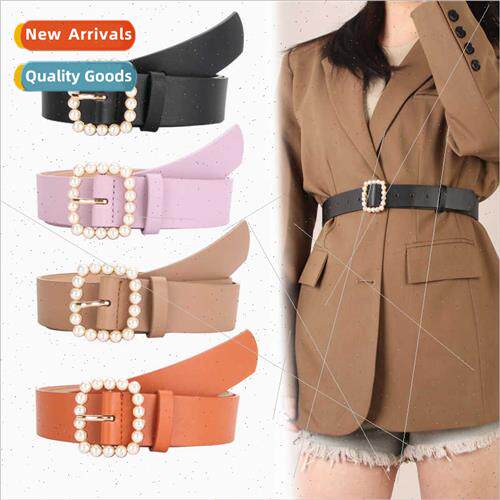 Square buckle pearl belt versatile sweet lovely ladies belt