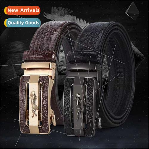Belt men crocodile grain alloy appliquéd leather automatic
