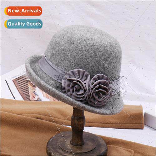 Autumn winter new wool basin cap Ms. flowers dome bowler hat