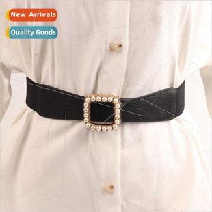 belt female retro Square narrow thin elastic vers pearl