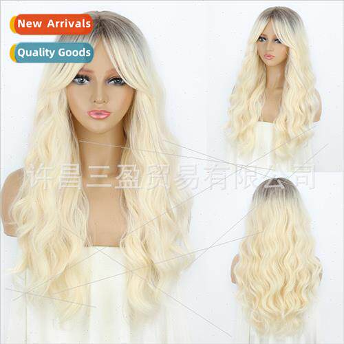 Europe Wave Wig Women Octagonal bangs black gradient gold lo