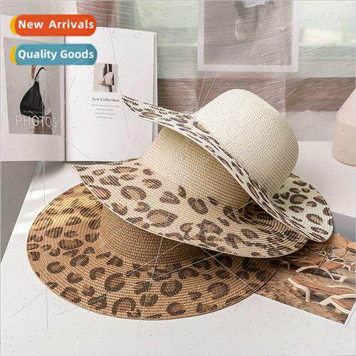 Leopard large brim straw hat round top summer ladies sun hat