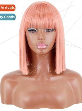 Europe ladies wig pink bangs locks hair shoulder length chem