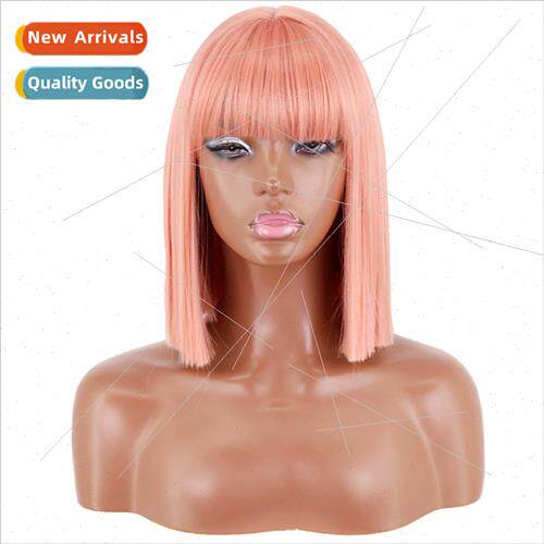 Europe ladies wig pink bangs locks hair shoulder length chem