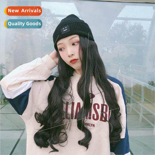 Fall winter knted hat wig one long curly hair big wave tempe