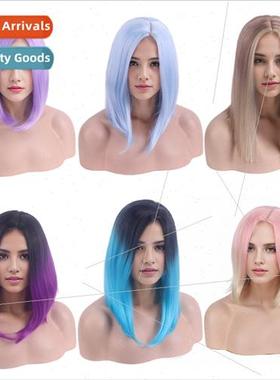 Europe wig headgear side parted long curly hair color gradie