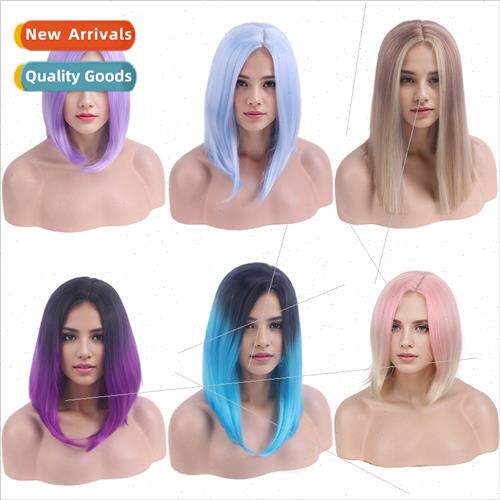 Europe wig headgear side parted long curly hair color gradie