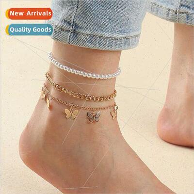 Europe Beach Bohemian Pearls Anklet Women Multi-layer mple B