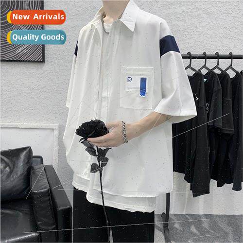 Ice silk short-sleeved shirt mens summer new Hong Kong  labe