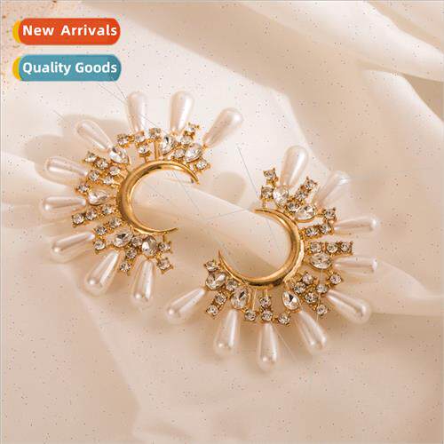 senior sense pearl earrings female alloy inlaid rhinestone C