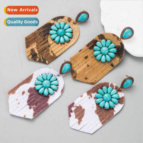 Jewellery Ethnic Alloy Turquoise Earrings Leopard Leather Ea