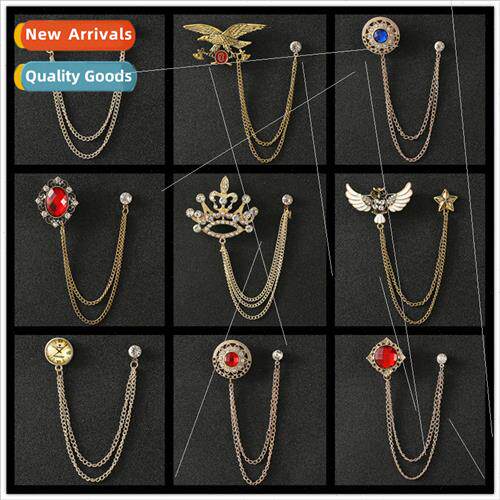 Men tassel brooch Korean chain su gold crown red crystal eag