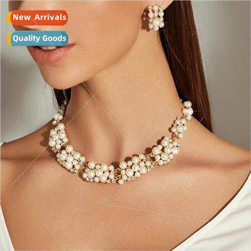 Europe imation pearl diamond necklace earrings set elegant a
