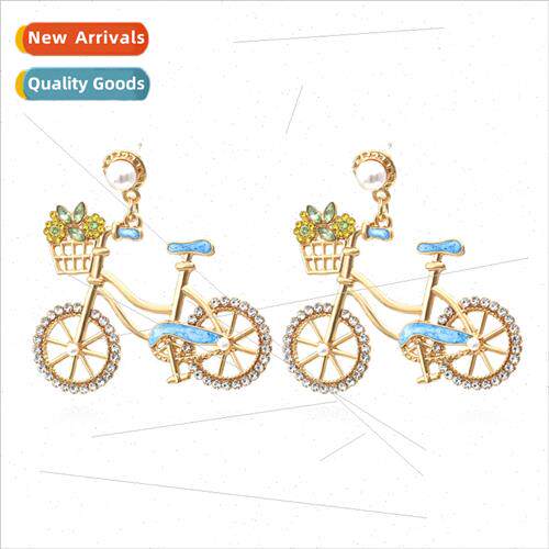 fashion diamond pearl earrings zinc alloy hollow bicycle sim