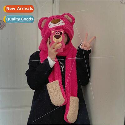Cute bear hat scarf gloves threePCS all-in-one winter plush