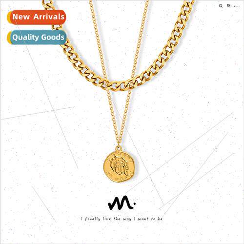 Europe metal wind double portra round card necklace women nd