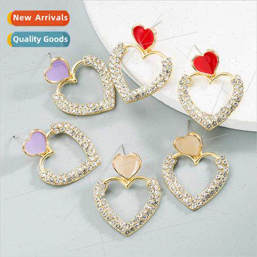 size heart-shaped rhinestone earrings female alloy oil drop