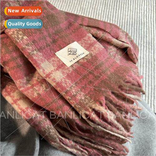 Warm new fall winter whe raspberry pink plaid tassel scarf t