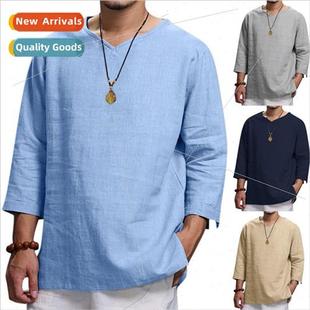 2023 New Tops Men Long Sleeve V-Neck Cotton nen Loose Shirt