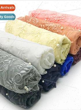 Monochrome Cotton Lace Edge Stapled Pearl Scarf Beach Sun Pr