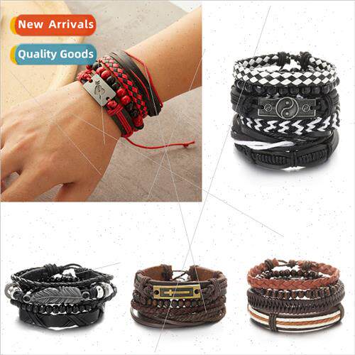 Men Leather Bracelet Creative Wooden Beads Rectangle One Arr