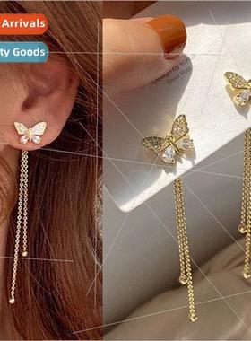 Butterfly Pearl Rhinestone Long Tassel Stud Earrings Fashion