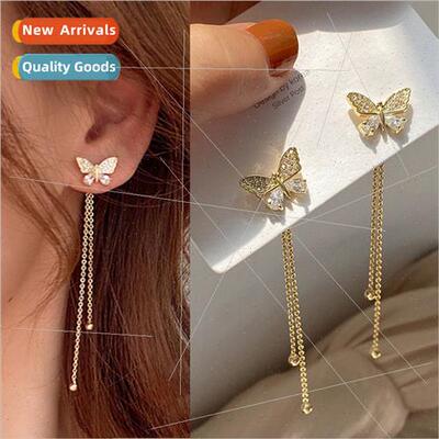 Butterfly Pearl Rhinestone Long Tassel Stud Earrings Fashion