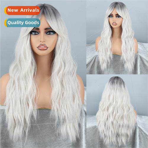 Europe wig head covering black silver gray eight bangs long