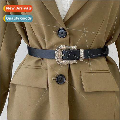 Retro floral pattern pu buckle belt men women silver buckle