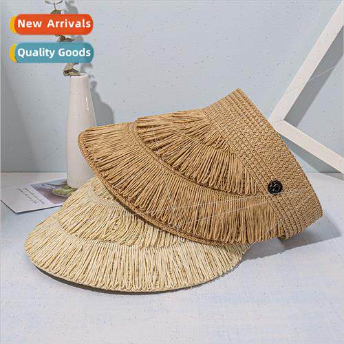 Summer outdoor sunscreen large tassel straw sun hat black la