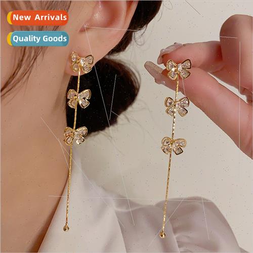 Fashion bow zirconia tassel earrings s925 silver pin niche e