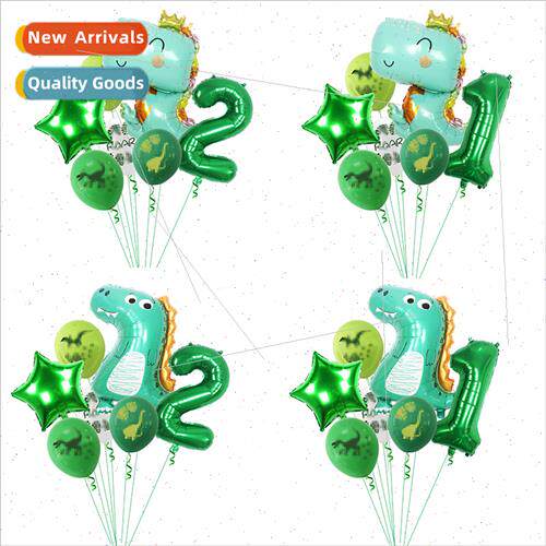 Cute Dragon Crown Dinosaur Latex Balloon Set Green Numbers A