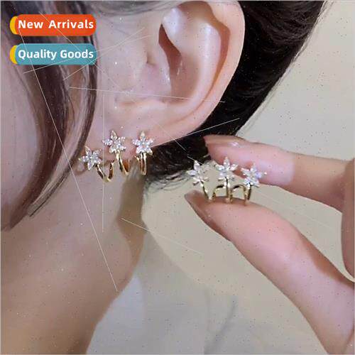 925 silver needle Korea exquise three gold flowers earrings