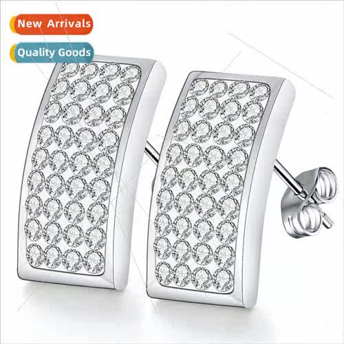 Europe ins four rows diamonds tanium steel rectangular earri